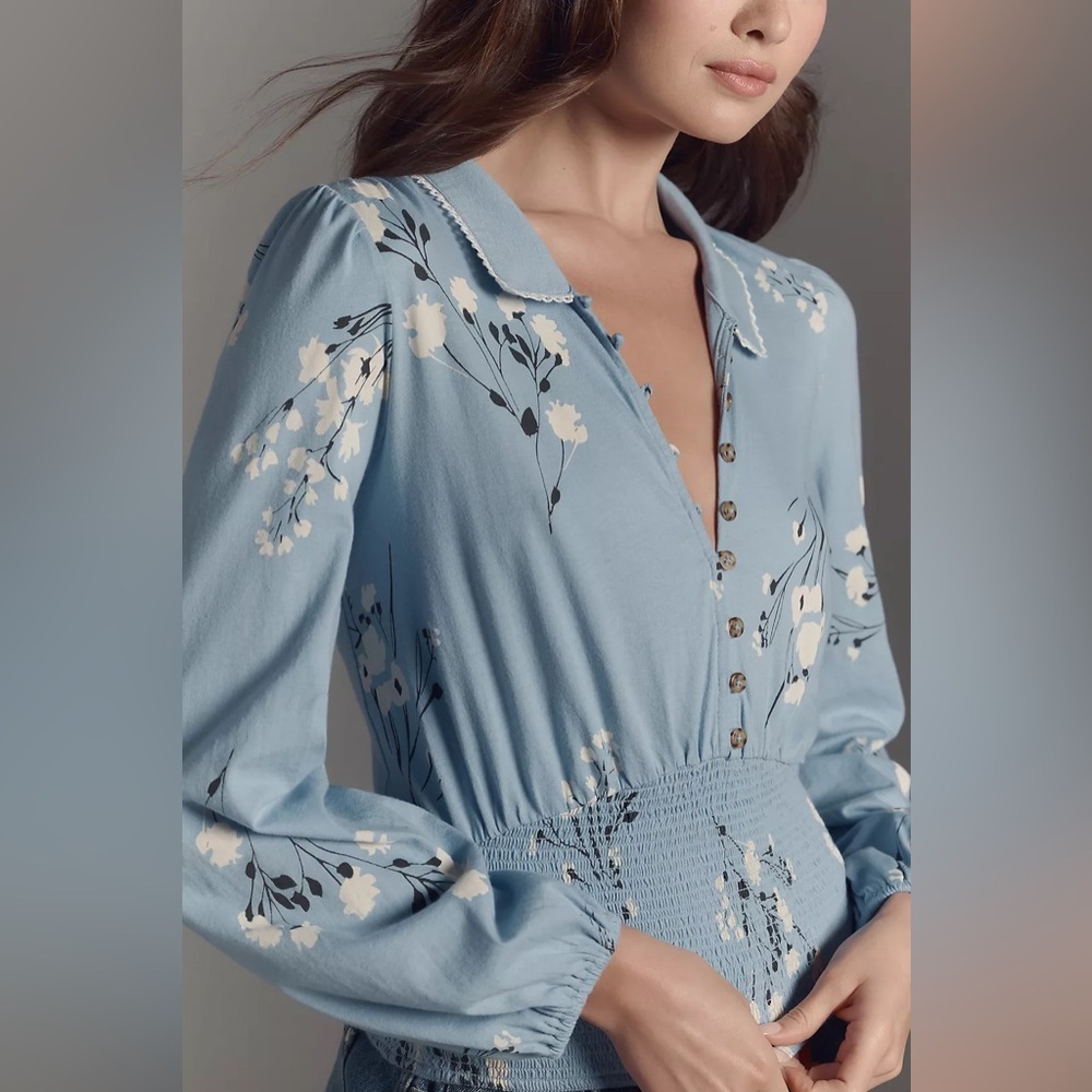 NWT Anthropologie Maeve Smocked Buttondown Top XS Blouse